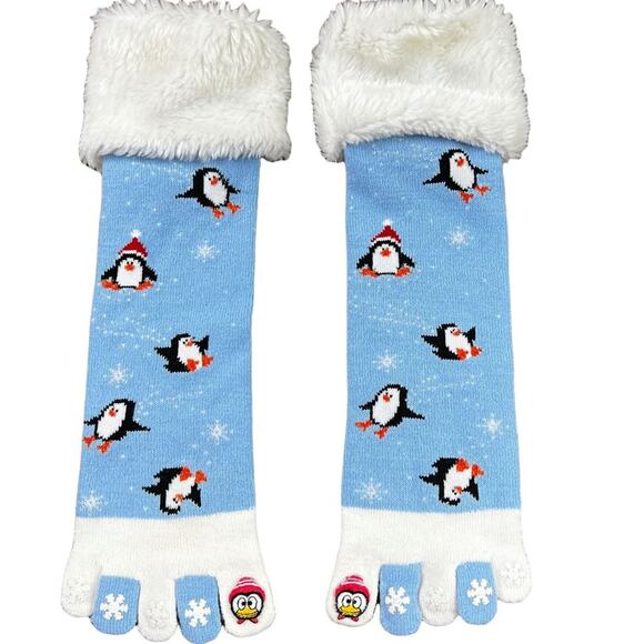 Festive Christmas Penguin Toe Socks in Blue with White Fluffy Fringe Snowflakes - Picture 1 of 10